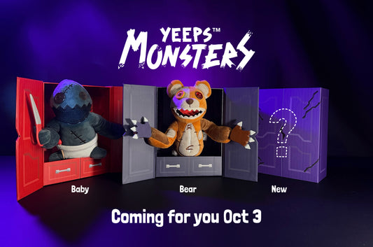 Yeeps Monsters featuring plush toy  displayed in open cabinet boxes.  Baby Monster in a red cabinet, Bear monster gray cabinet box, and a purple cabinet box clsoed containing the new monster inside.